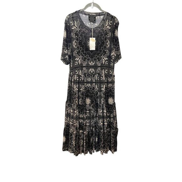 Johnny Was Runa Mesh Tiered Dress Black Tan Moon Star Witchy Celestial Size M - Picture 1 of 8